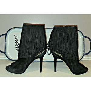 Sam Edelman Arizona Heels 7M Black Suede Fringe Peep Toe Booties Zip Boho Chic